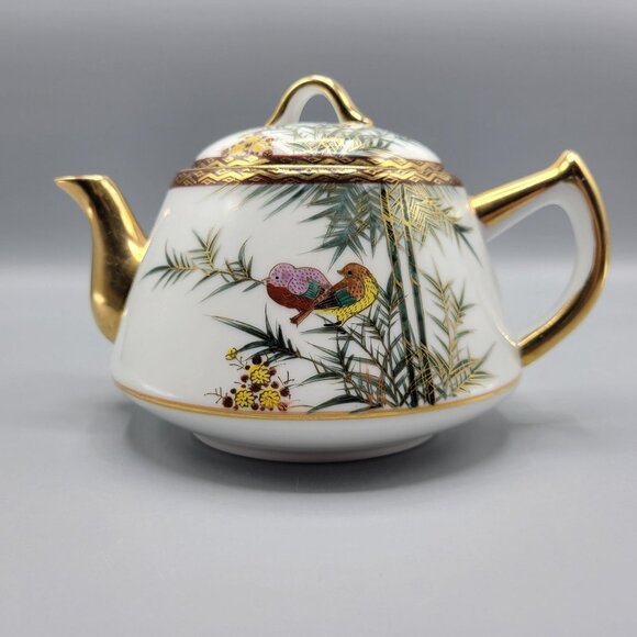 Other - Vintage Japanese Kutani Eggshell Porcelain Teapot Birds Bamboo Design Gold Trim